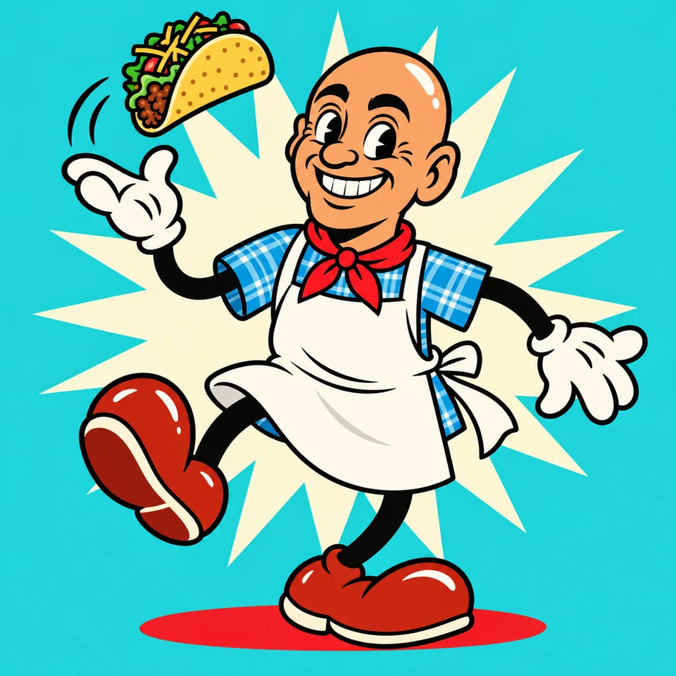 Cartoon of El Pelón, a grinning bald chef in a red neckerchief and apron, flipping a taco in the air