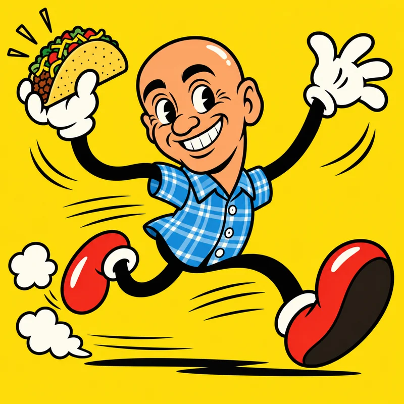 Cartoon of El Pelón sprinting with a taco in one hand and waving with the other